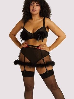 Gabi Fresh X Playful Promises Black Feather Trim Sheer Robe Bra & Garter Set